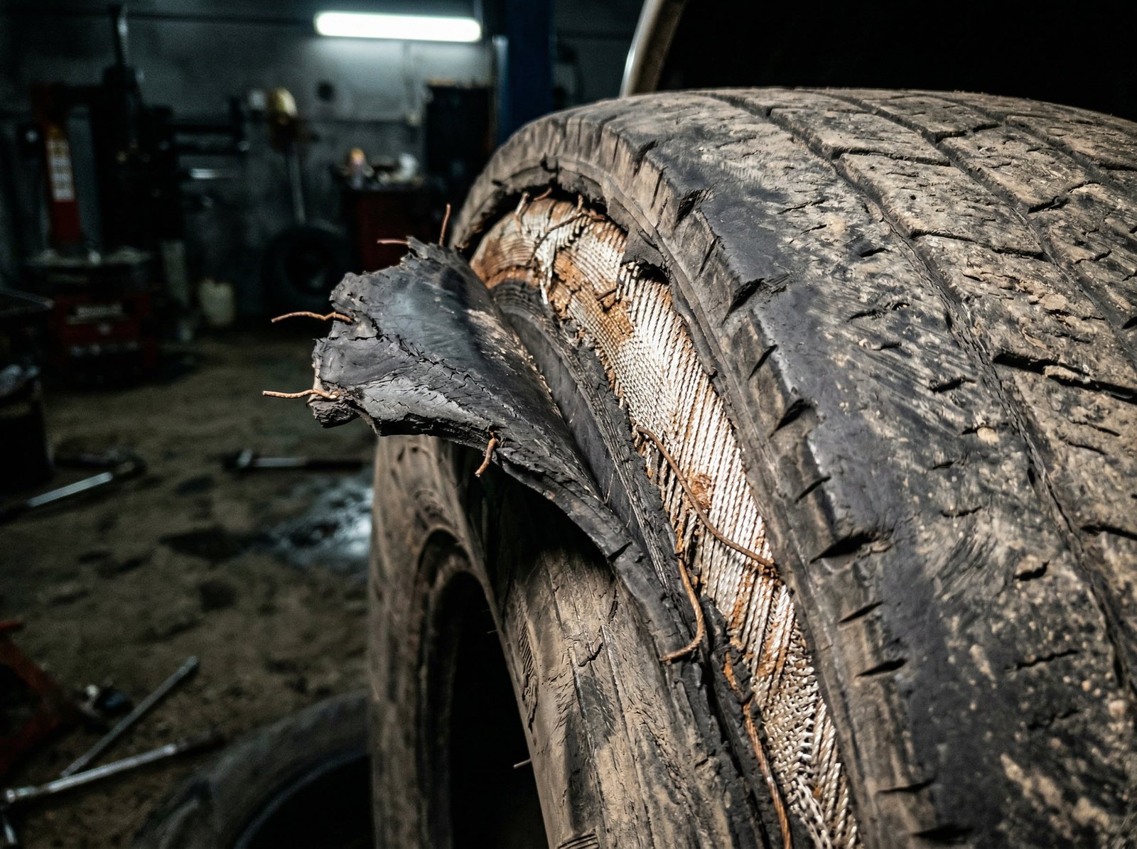 Close-up of a tire showing tread separation defect